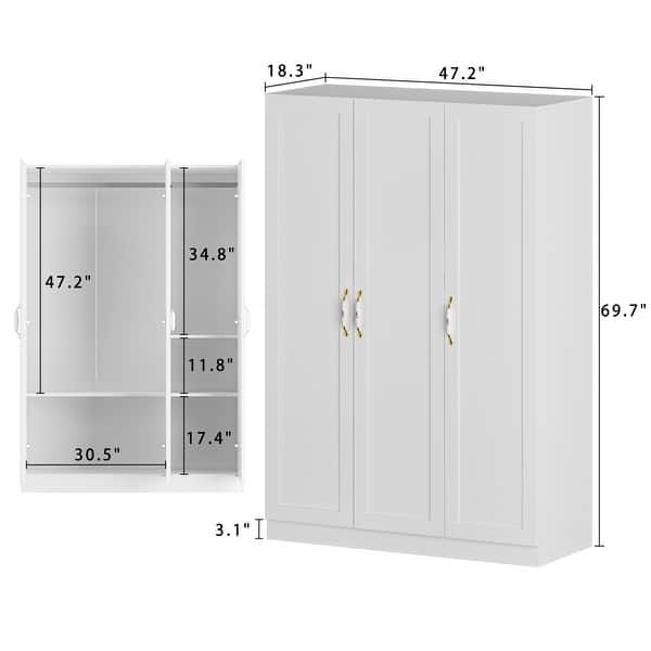 3 Door Wardrobe Closet with 2 Hanging Rods and 5 Shelves, 47.2" White Armoire Wardrobe Freestanding Clothes Storage Cabinet