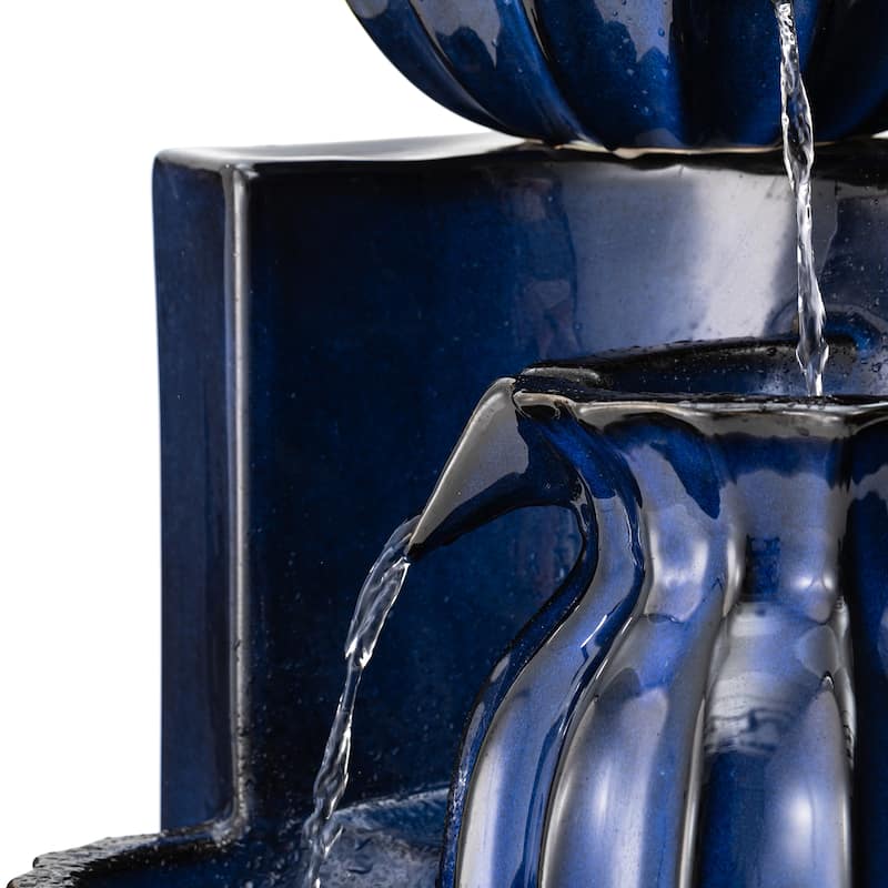 Glitzhome 26.75"H 3-Tiered Fluted Texture Ceramic Outdoor Floor Fountain with LED Lights