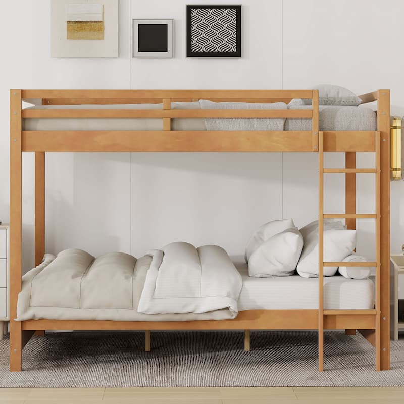 Wood Bunk Bed Queen Size China Concise Bunk Bed with Full Length Guardrail and 3 Step Ladder, Pine Wood Structure Bedframe