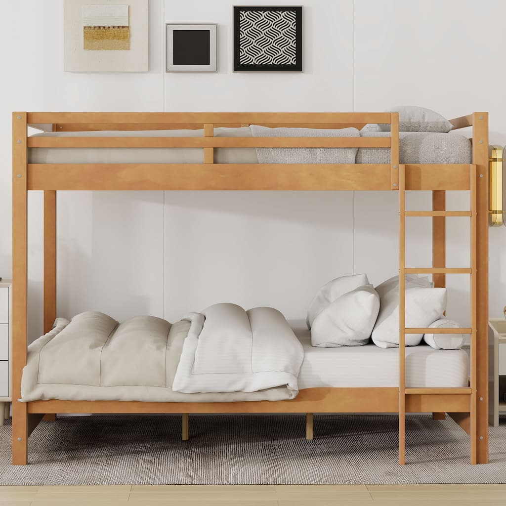 Wooden Queen Size Bunk Bed, Solid Pine Queen over Queen Bunk Bed Frame with Built In Ladder and Full Length Guardrail