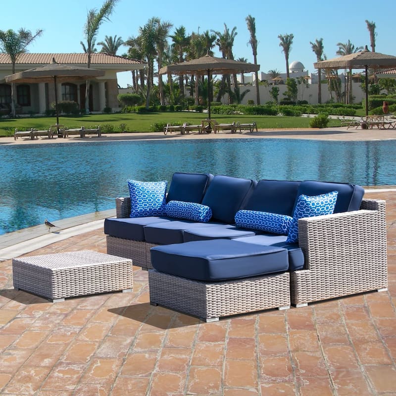 High-Density Polyethylene (HDPE) Wicker 6-Piece Fully Assembled Patio Couch Outdoor Sectional Sofa Set with Navy Blue Cushions
