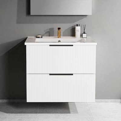 24 Inch Floating Bathroom Vanity with Ceramic Sink, Wall Mounted Modern Fluted Cabinet with 2 Drawers