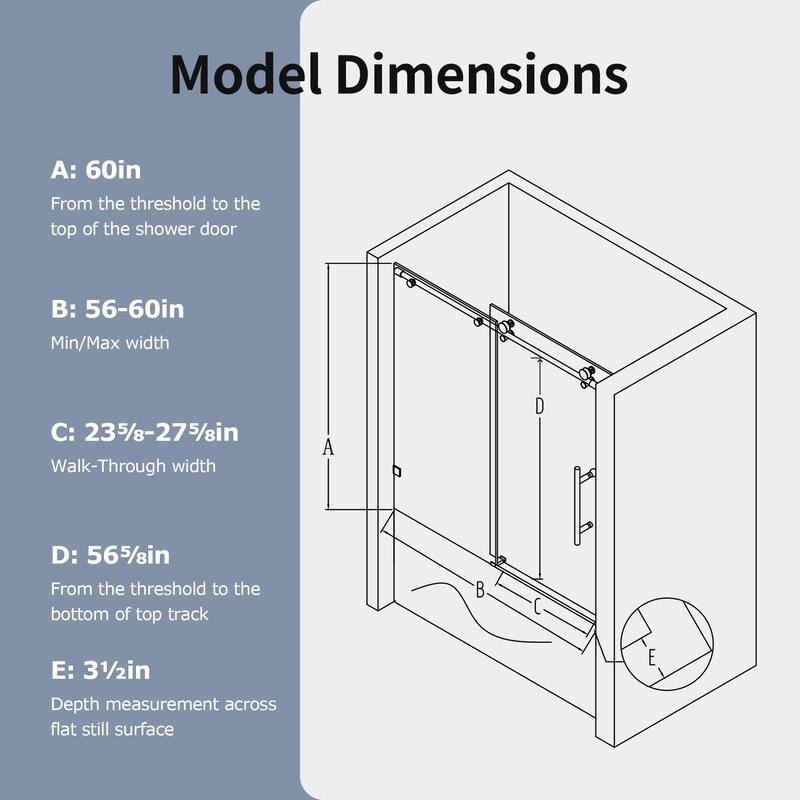 56-60" W x 60" H Frameless Single Sliding Shower Door, 8mm Tempered Glass Soft-Close Bathroom Enclosure - 60x60"
