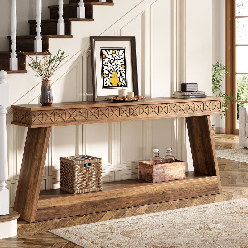 70.8-Inch Extra Long Console Table with Storage Shelf, 2-Tier Farmhouse Entryway Table - 70.87" L x 11.81" W x 31.5" H