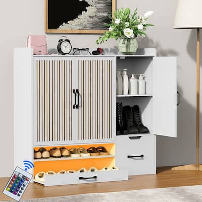 Multi-functional Shoe Cabinet with Adjustable Shelves, Stool, Retractable toe-kick drawer, Minimalist Shoe Storage Organizer