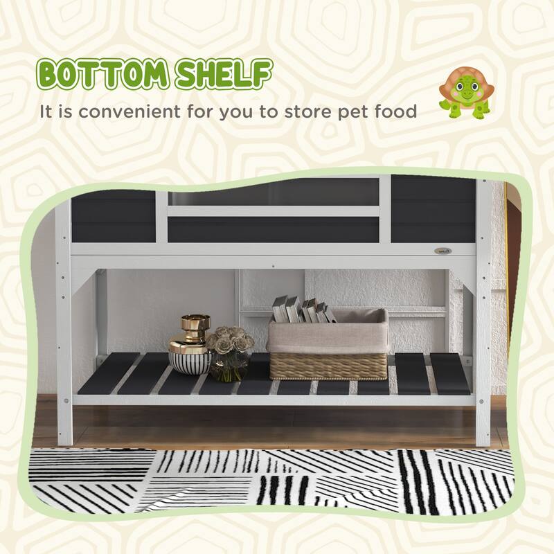 PawHut Tortoise Habitat with Adjustable Lamp Holder, Wooden Tortoise Enclosure with Storage Shelf, Dual Main Houses