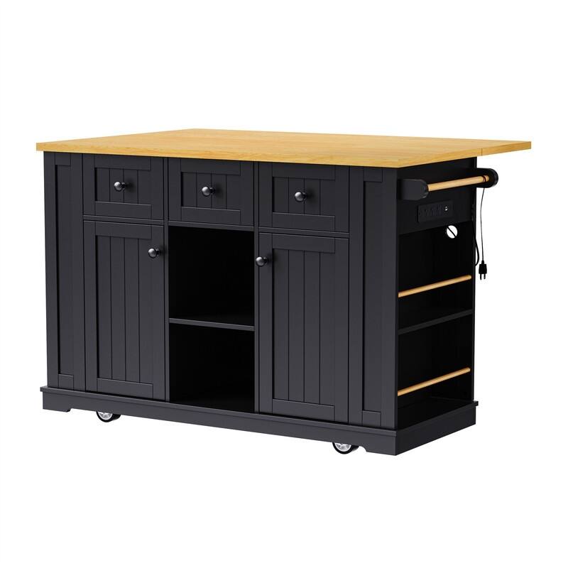 3-Piece/1 Piece Kitchen Island Set with/without 2 Bar Stools, Kitchen Cart on Wheels with 3 Drawers, Drop Leaf & Open Side Racks