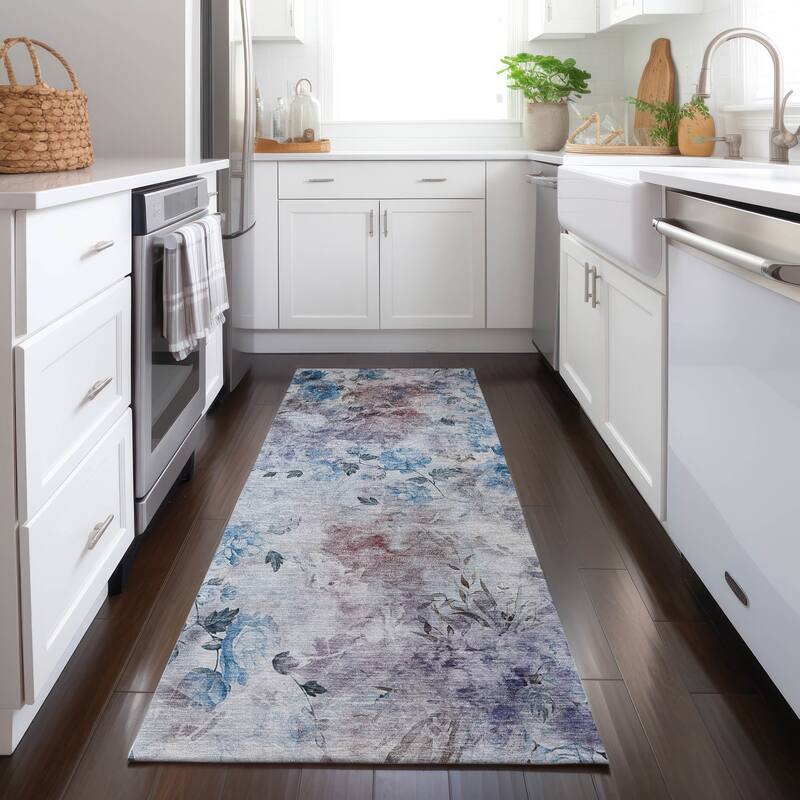 Machine Washable Indoor/ Outdoor Chantille Vanishing Floral Rug - Blue - 2'3" x 7'6"