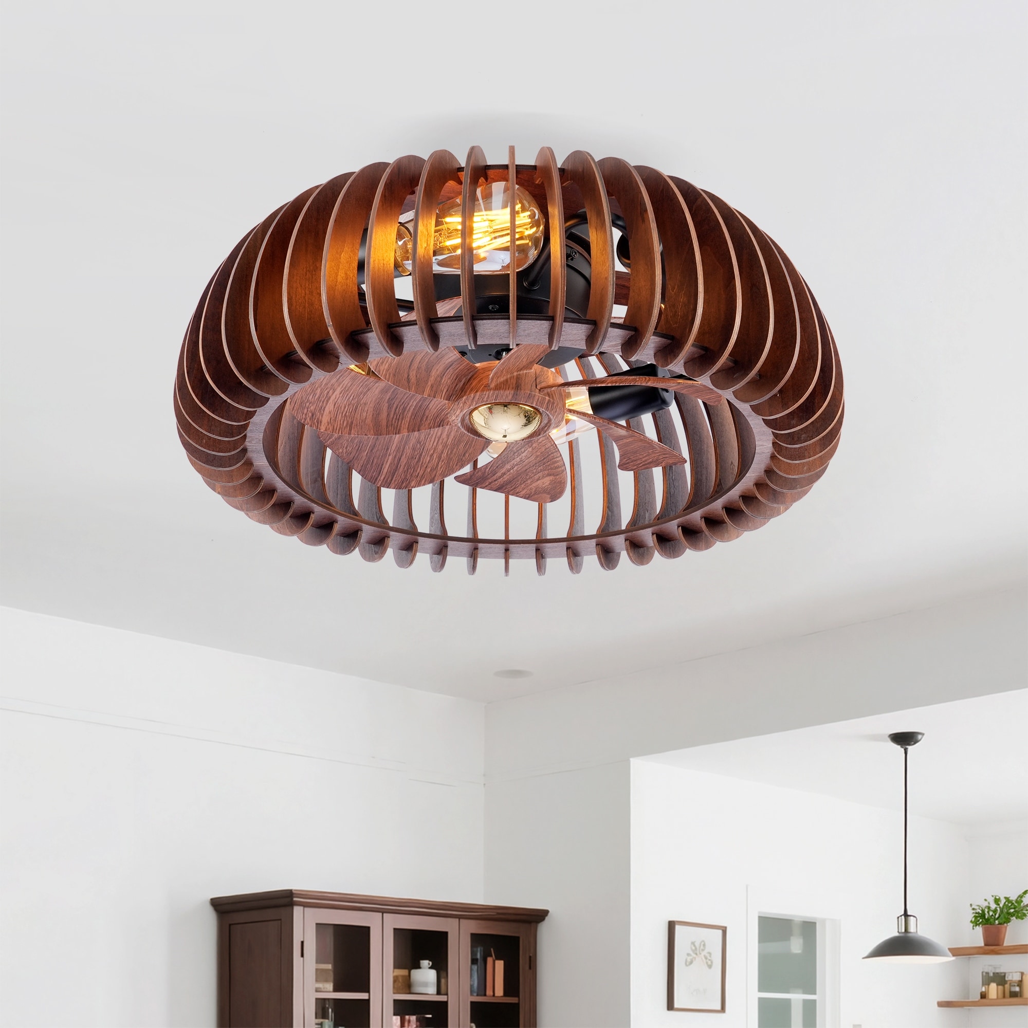 19.7" Farmhouse Flush Mount Ceiling Fans with Lights and Remote Control, Rustic Low Profile Wood Ceiling Fan