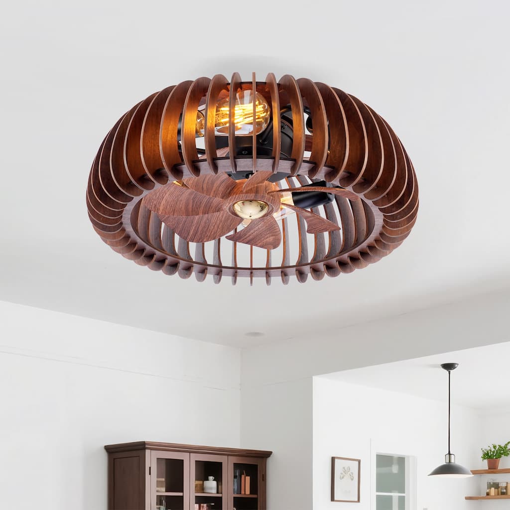 19.7" Farmhouse Flush Mount Ceiling Fans with Lights and Remote Control, Rustic Low Profile Wood Ceiling Fan