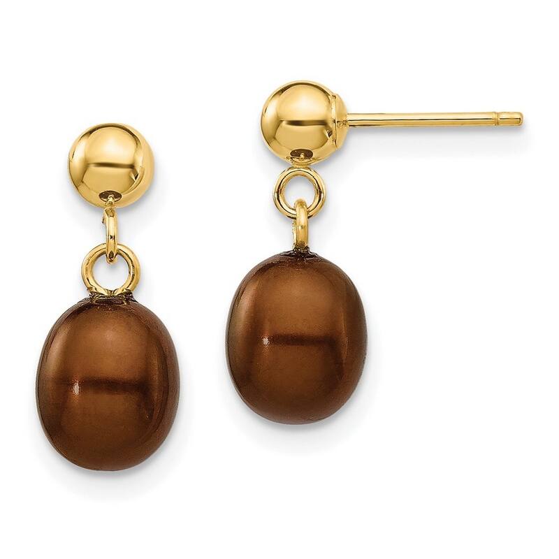 Curata 14k Yellow Gold 6-6.5mm Brown Freshwater Cultured Pearl Dangle Earrings 14x6.5mm