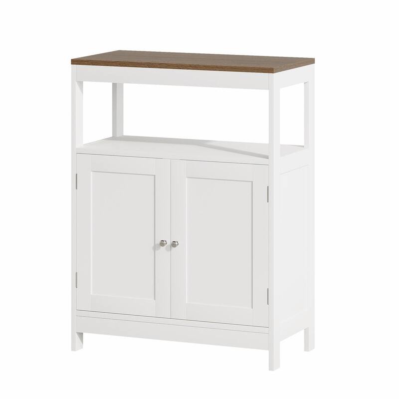 Modern Storage Cabinet with Double Doors, Freestanding Wood Organizer with Open Shelf and Natural Wood Top