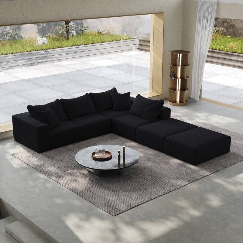 Floor Upholstered Sectional Sofa Modular L Shaped Couch Set with 6 Pillows and Ottomans, Living Room Sleeper Sofa Bed