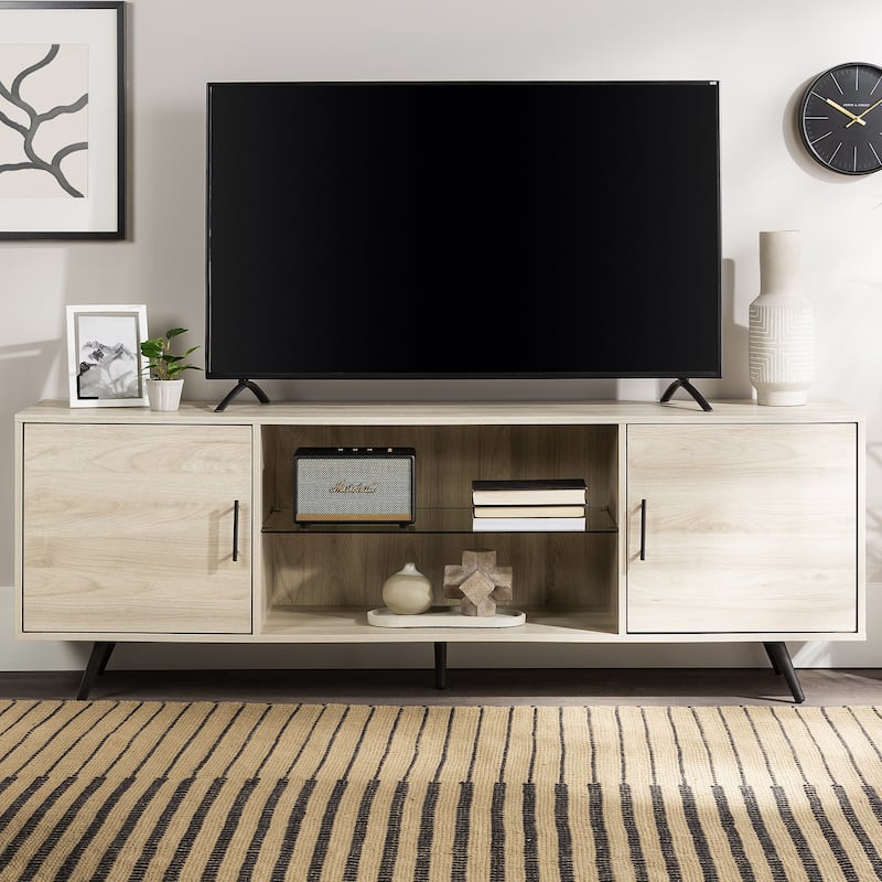 Stylish Mid-Century 2-Door 70" TV Stand with Glass Shelf - Perfect for TVs Up to 80 Inches