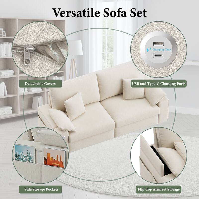 Modern Loveseat Sofa with USB Charging & Removable Covers