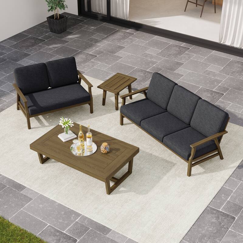 Arthur 4-Piece Teak Wood Patio Conversation Set - Dark Grey - NaturalFrame