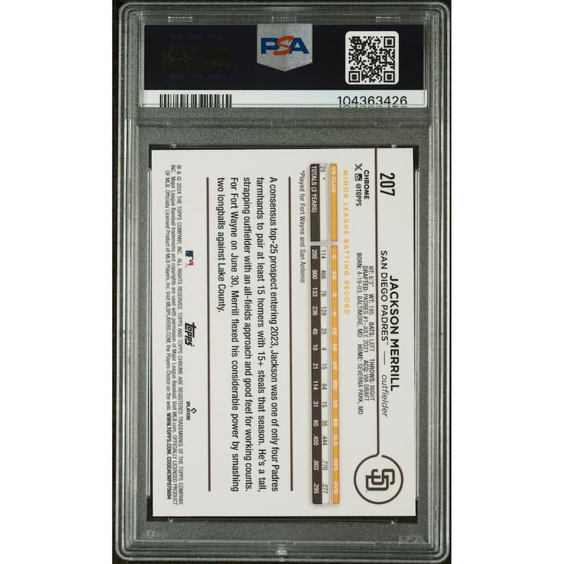 Jackson Merrill 2024 Topps Chrome Signed Baseball Rookie Card #207 Auto PSA 9 - 8' x 11'