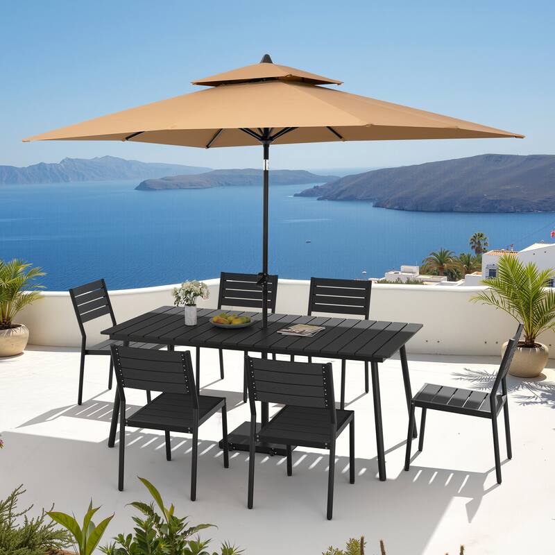 9PC Outdoor Patio Dining Set Aluminum Table with Stackable Chairs w/ Premium Market Umbrella Sets - BlackTable&BlackChairs&TanUmbrella