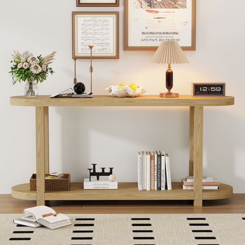 63" Oval Console Table with Ash Veneer, Sleek Design - Natural