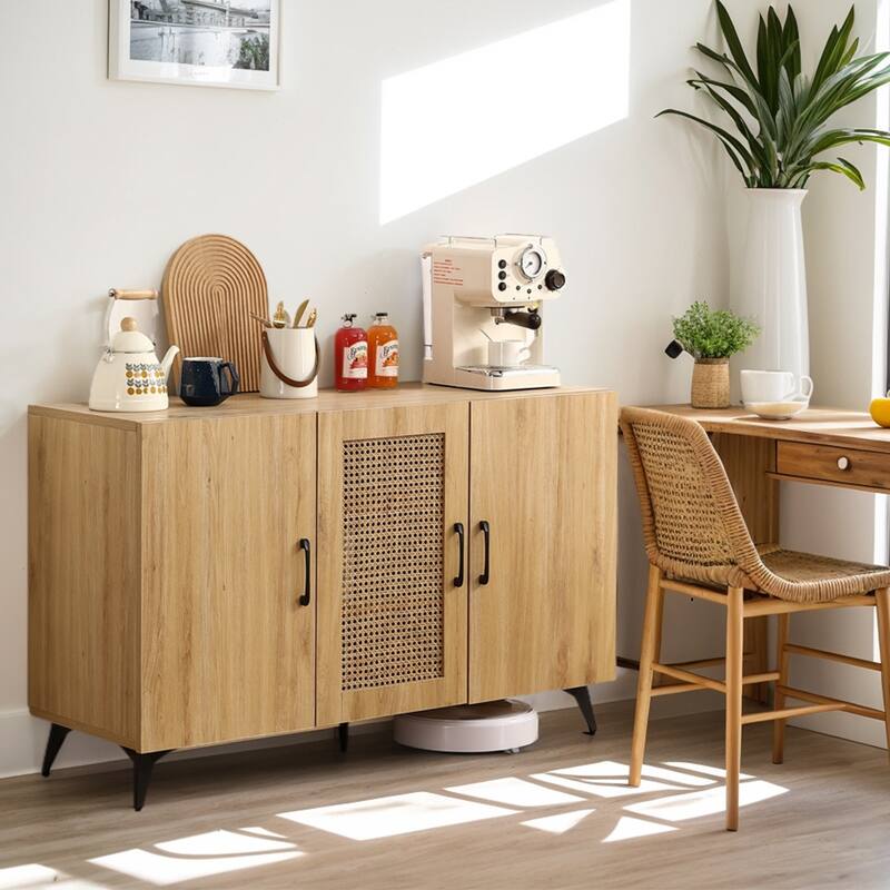 Rattan Storage Cabinet with 3 Doors, Entrance Cabinet, Large Storage Space, Kitchen Storage Cabinet - 45.3”W - Natural Wood