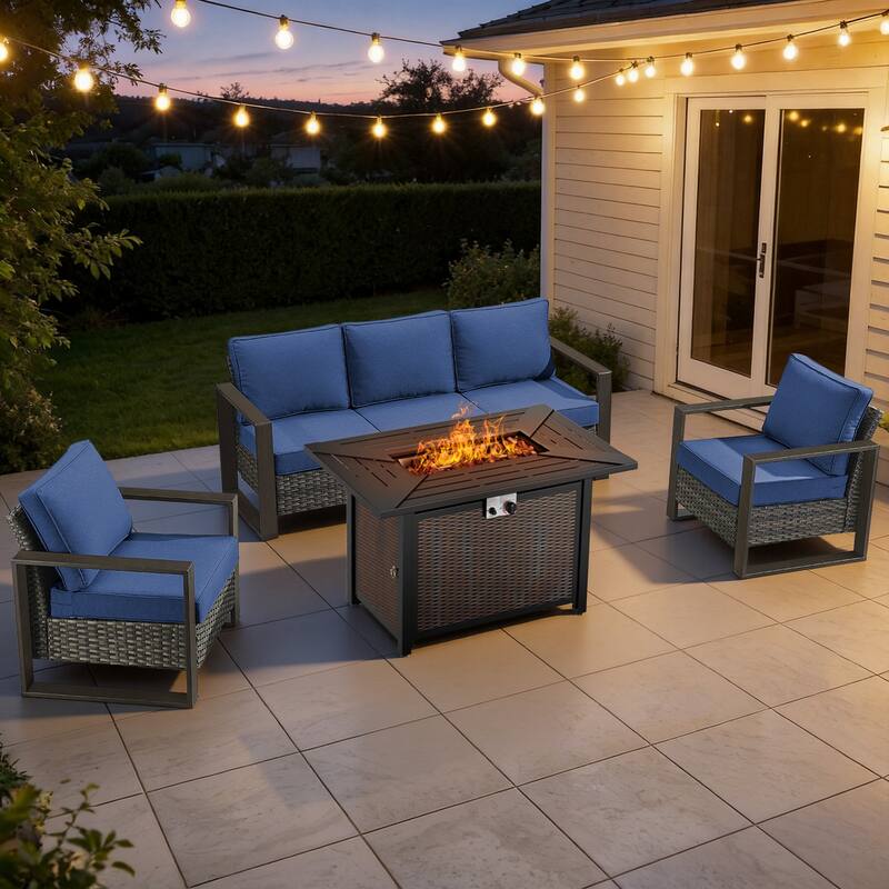 Meyreso Wicker Patio Conversation Set with Metal Fire Pit Table & Olefin Cushions - Gray / Navy Cushions - 4-Piece