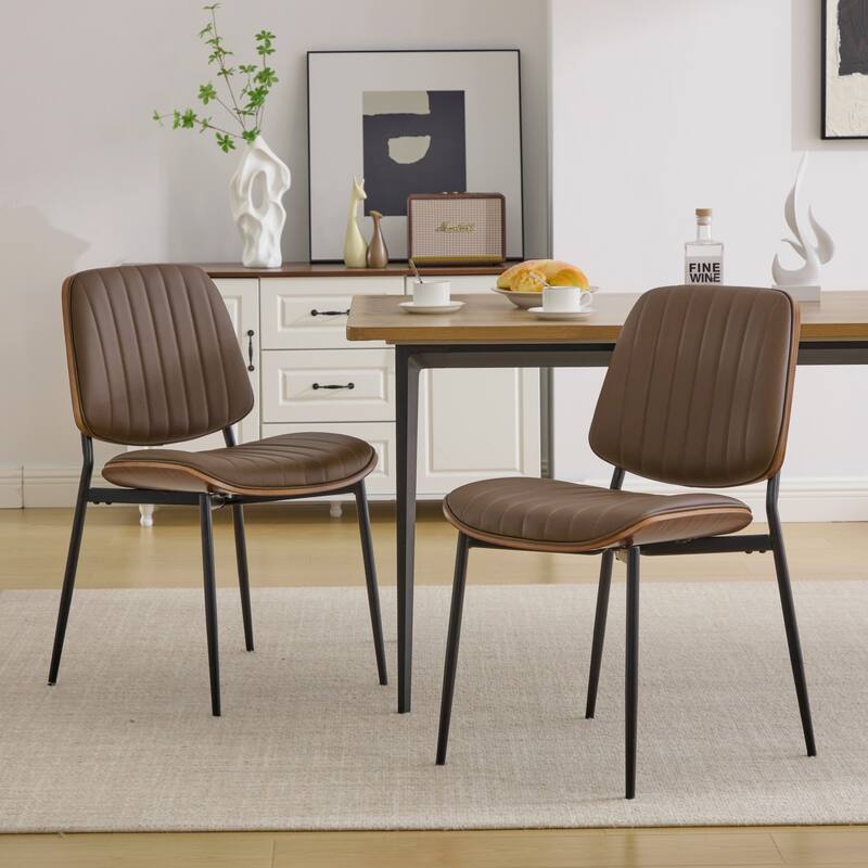 Upholstered Dining Chairs Set of 2, Faux Leather Chair with Walnut Bentwood Back, Kitchen Chairs with Adjustable Foot