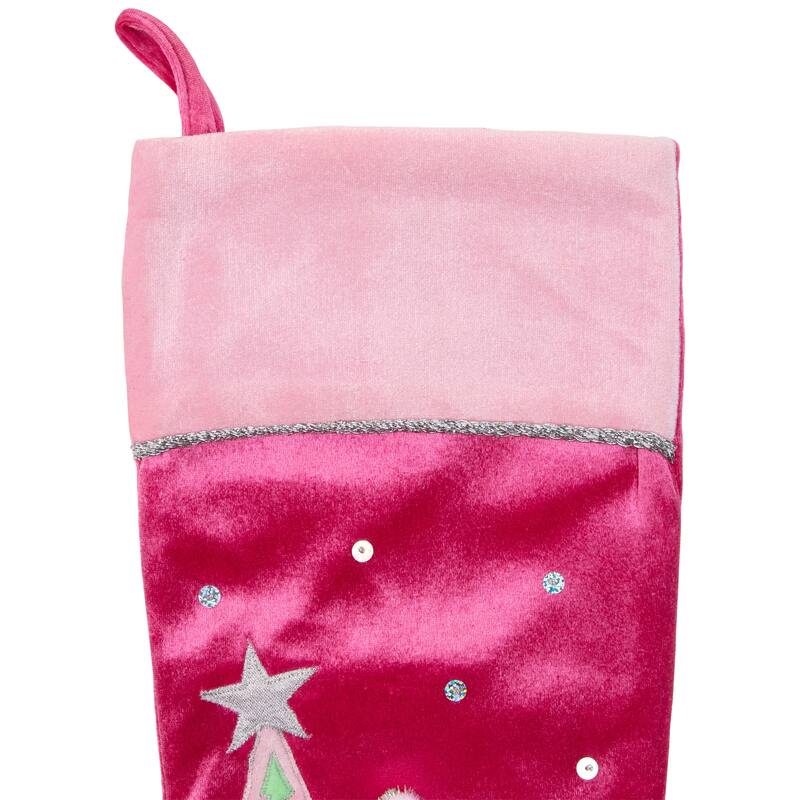 20.5" Pink Embroidered Ice Skating Snowman and Christmas Tree Stocking