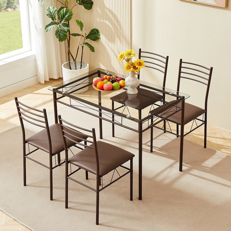 Javlergo 5-Piece Dining Table Set with Glass Top & Brown PU Leather Chairs Space-Saving Rectangle Dining Set for Apartments