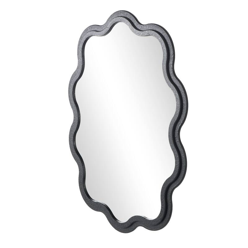 Black Wooden Handmade Wavy Room Wall Mirror with Dimensional Carved Frame