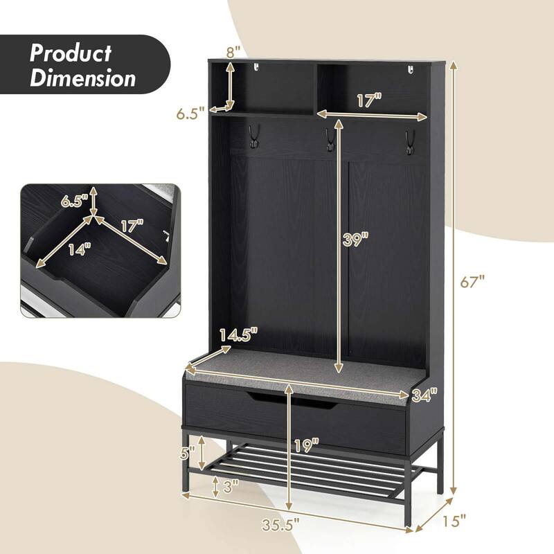 Costway 69" Tall Hall Tree with Seat Cushion Open Compartments Hooks - See Details