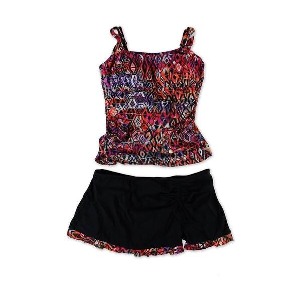 slide 1 of 3, Profile Womens Aztec Flyaway Ruched Skirtini 2 Piece Tankini, Pink, 16
