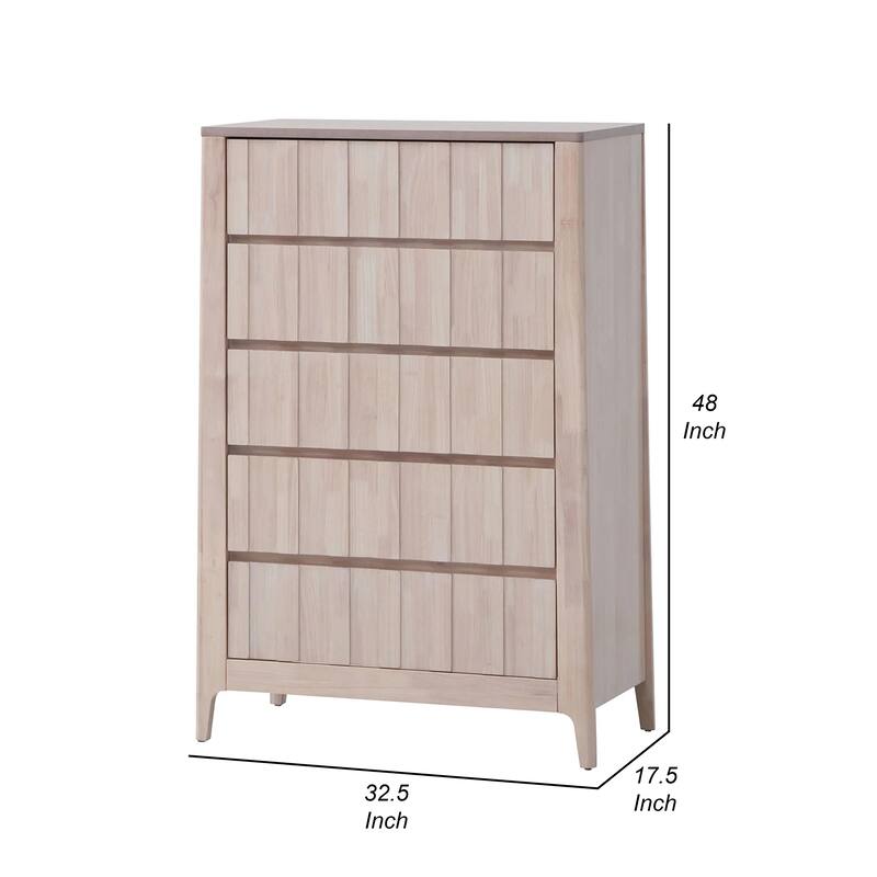 Vasu Tall Dresser Chest, 5 Storage Drawers, White Wash Solid Rubberwood