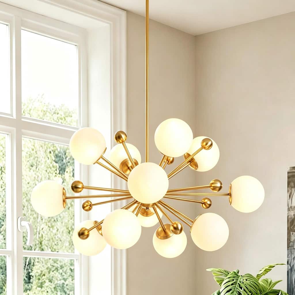 Rennnsan 12-Light Mid-Century Modern Sputnik Opal Glass Chandelier for Living Room - 12 Light