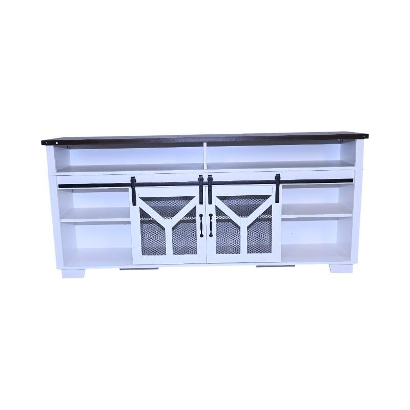 Country Style TV Stand LED TV Stand with Lron Mesh Barn Door and Y Decorative Strip, for Living Rooms, White+Walnut