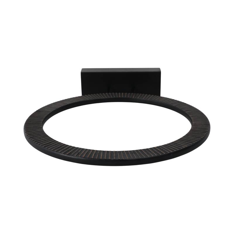 Wood and Iron Ring Sculpture on Base with Modern Grooved Texture