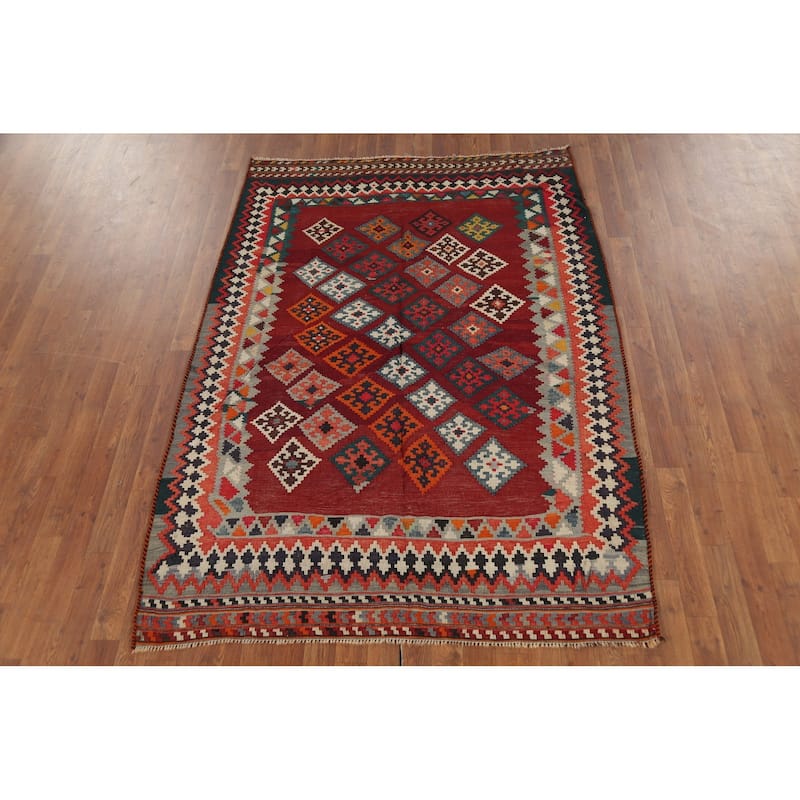 Tribal Kilim Qashqai Persian Vintage Rug Hand-Woven Red Wool Carpet - 5'0"x 6'8"