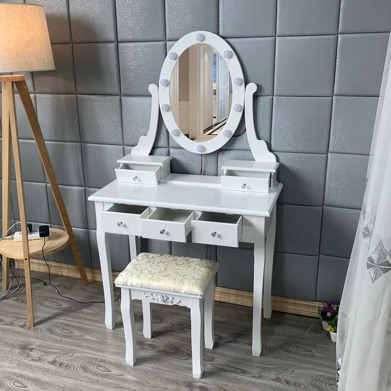 Space-Saving Makeup Vanity with LED Lights - 5 Drawer Desk and Stool