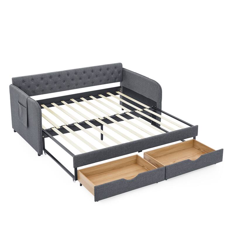 Upholstery Daybed with Trundle Bed and 2 Storage Drawers, Flat Arms with Pocket