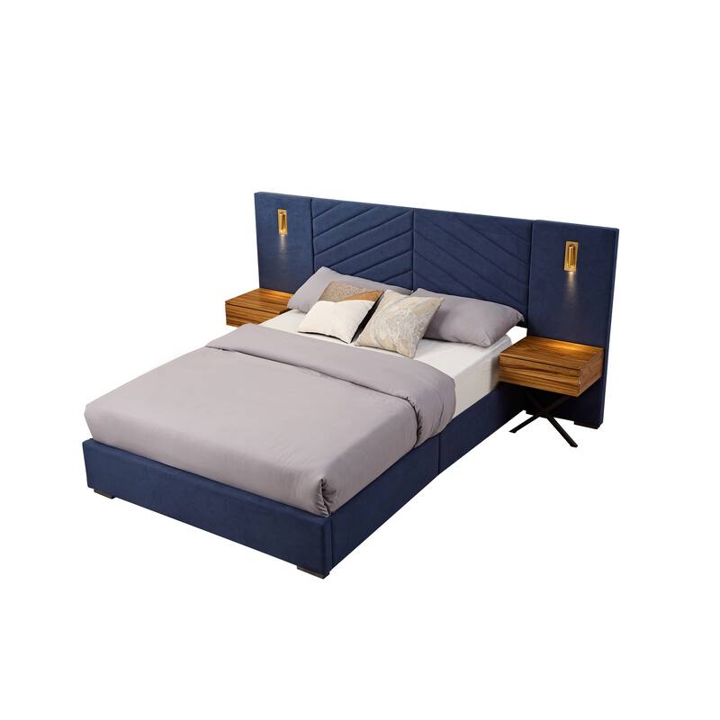 Royal Blue Queen Velvet Bed Frame Vertical Channel Tufted Wingback Headboard Upholstered Platform Bed Wooden Slats - Retro Blue
