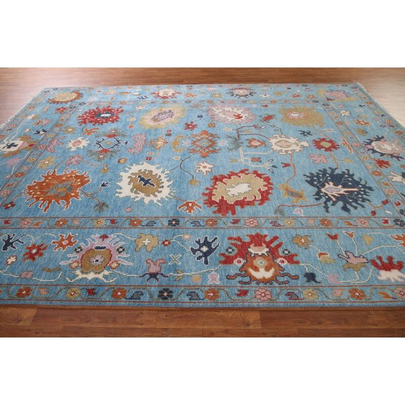Blue Floral Oushak Area Rug Handmade Oriental Wool Carpet - 8'10"x 11'9"