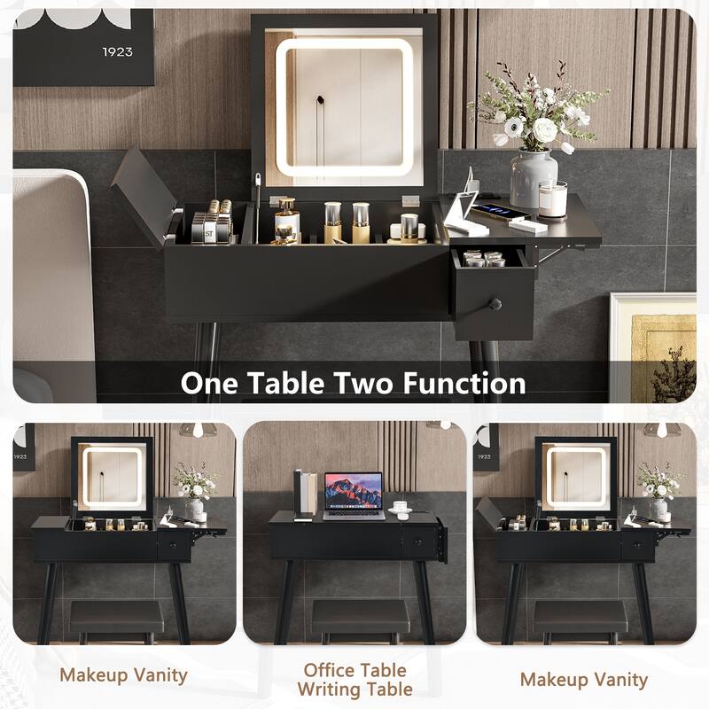27.9" Black Makeup Vanity Desk with Flip Top Mirror&LED Light, Dressing Table with Charging