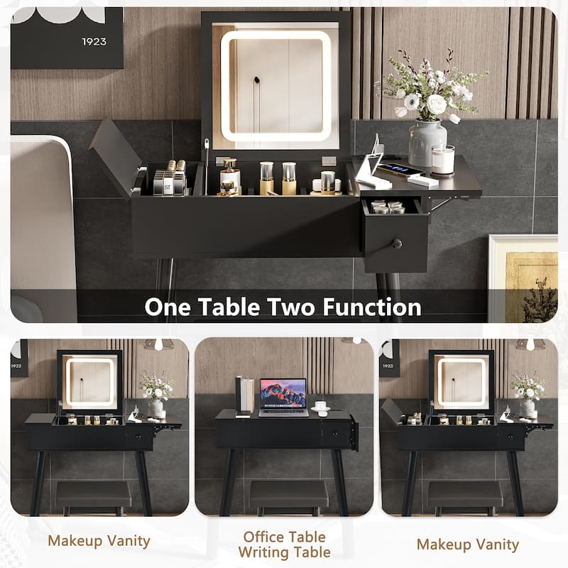27.9'' Black Makeup Vanity Desk with Flip Top Mirror and LED Light, Dressing Table with Charging Station