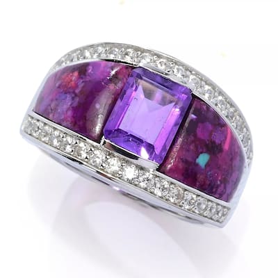 925 Sterling Silver 8x6mm Octagon African Amethyst With Multi Gemstone Ring