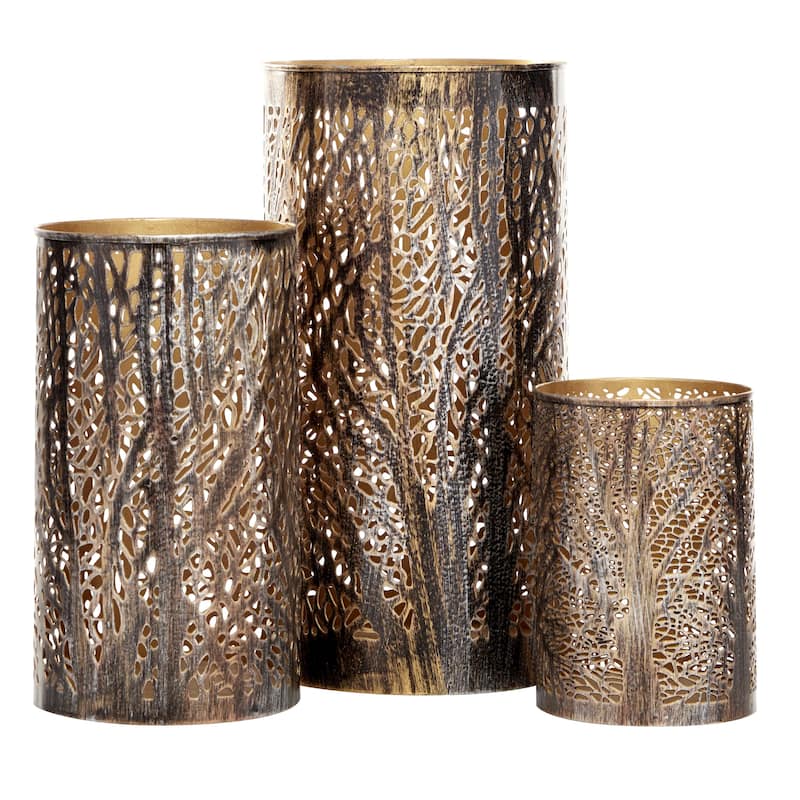 Metal Tree Decorative Indoor Outdoor Candle Lantern with Gold Interior - Set of 3 Gold or Bronze - Roche River Decor