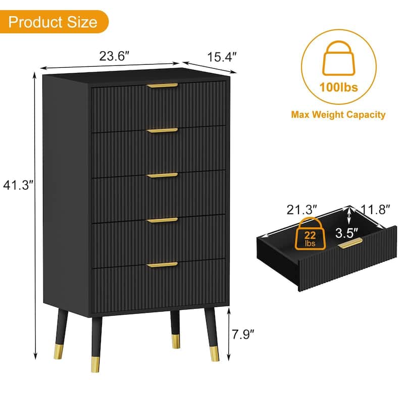 Fluted 5 Drawer Dresser, with Gold Metal Handles
