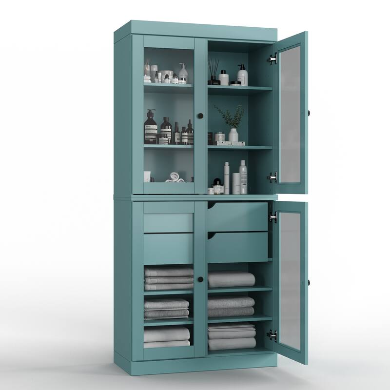Palace Imports 100% Solid Wood 32" Bathroom Cabinet with Clear Glass Doors, 2-Drawers and Adjustable Shelves - Aqua Blue