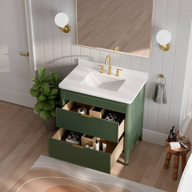Modland 36" Freestanding Bathroom Vanity with Carrara Marble Top, Soft-Close Drawers, Fully Assembled, Green/Grey - 36 inch