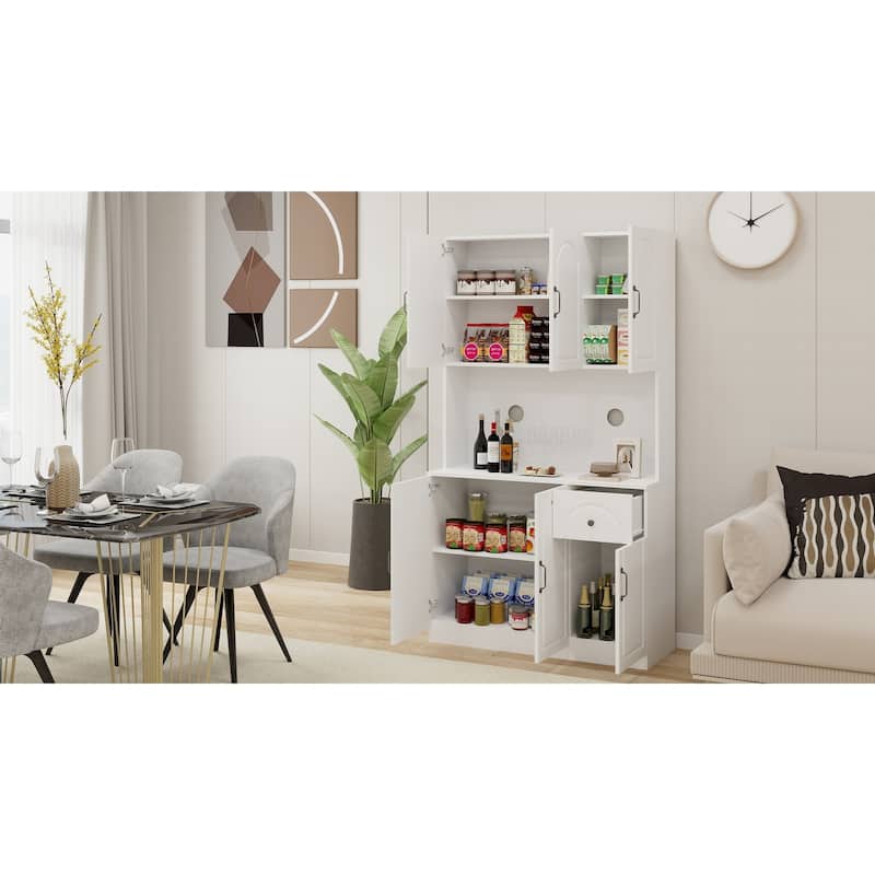 71" Freestanding Kitchen Pantry with Microwave Oven Countertop and Adjustable Shelves