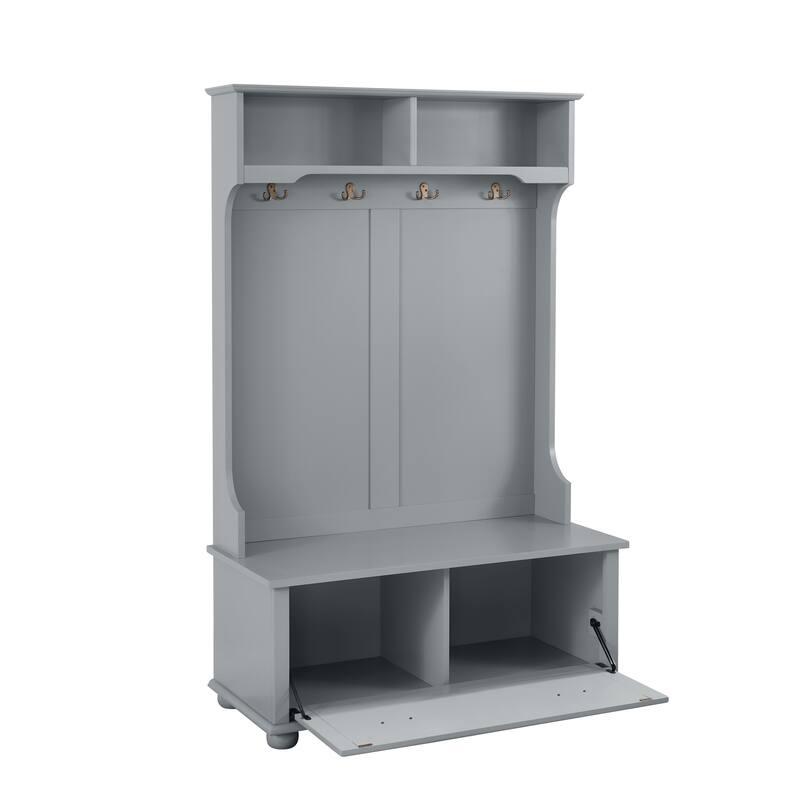Modern 4-in-1 Hall Tree with Storage Bench, Coat Rack, Shelves, Shoe Rack and Solid Wood Feet for Entryway, Hallway and Porch