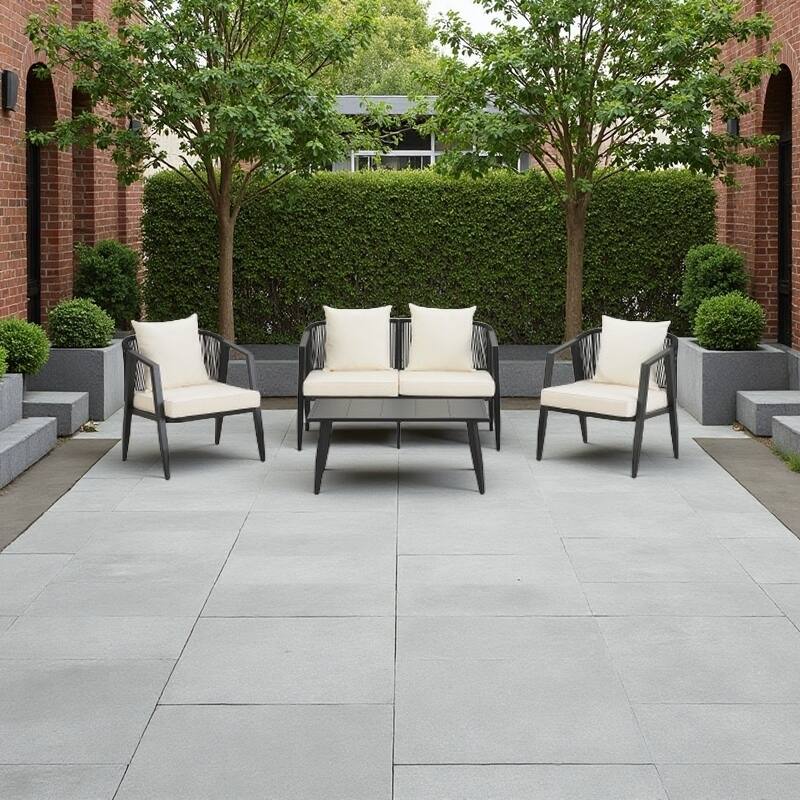4-Piece Outdoor Patio Seating Set with Iron Frame, Cushioned Double and Single Chairs, and Matching Table - Beige